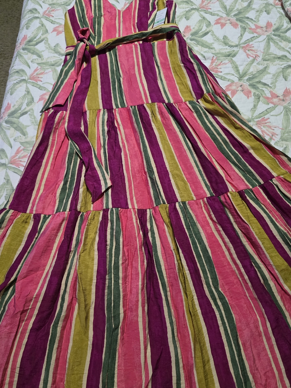 Taylor Pink, Green & Yellow Striped Tiered Maxi Dress with Waist Tie - Picture 2 of 12